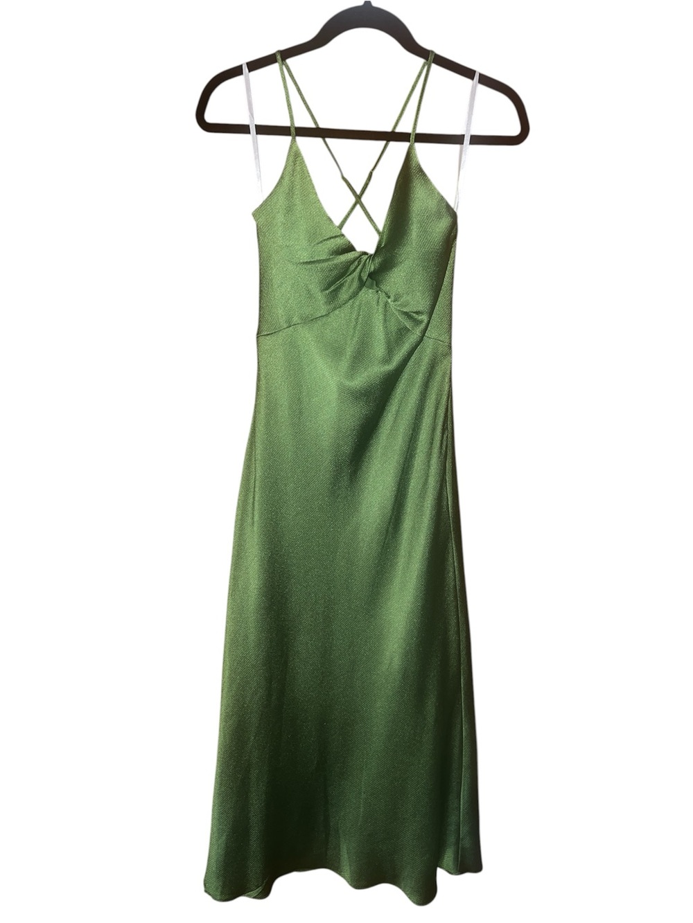 Premier Olive Green Satin Midi Dress with Twist Front and Crisscross Straps 4